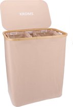 KROMS Wasmand 3 vakken - Zand - Wassorteerder bamboe - Laundry basket - Wasmand met deksel - 145L