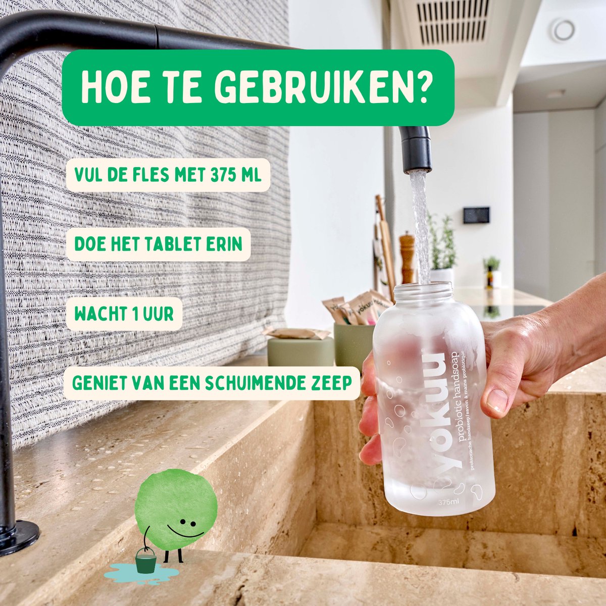YOKUU Probiotische Vegan Handzeep – Komkommer & Munt – 1 Herbruikbare Glazen Fles + 3 Parels – Schuimende Waterloze Zeep