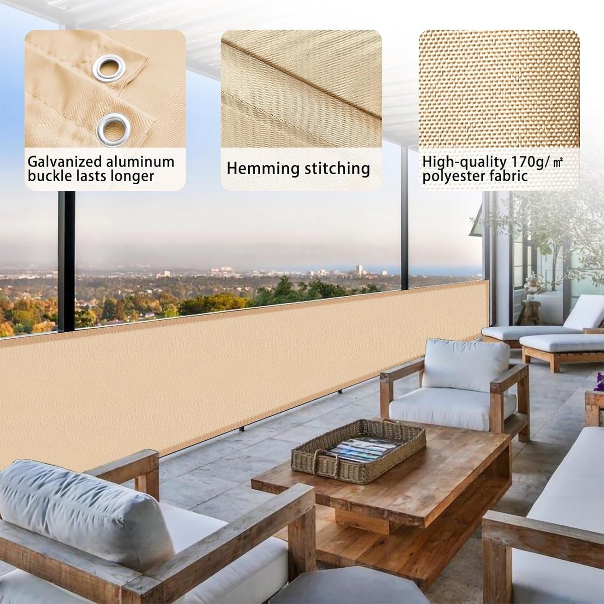 Balkonscherm, inkijkbescherming, balkonspanningen, PES waterdicht, weerbestendig, met kabelbinders, 90x600cm, zand