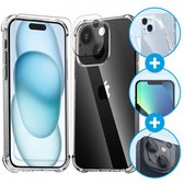 iPhone 15 Doorzichtig Hoesje + 9H Tempered Glass Screen Protector + Camera Protector Transparant | Schokbestendig | 360° Beschermset | 3 in 1 Set