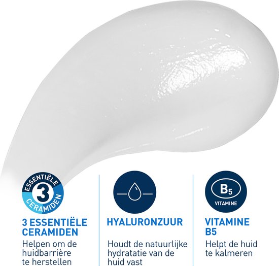 Een grote druppel CeraVe serum met cirkels die 3 essentiële ceramiden, hyaluronzuur en vitamine B5 aanduiden.