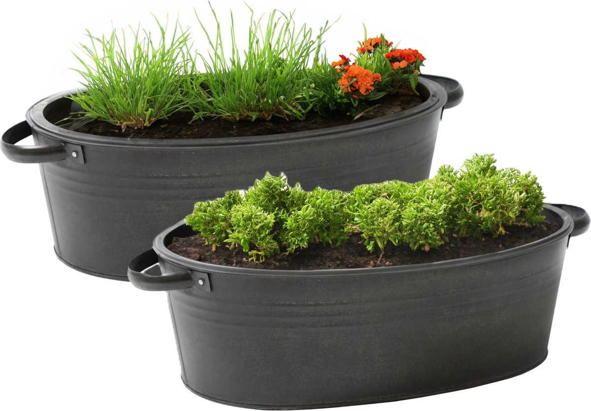 Goedkoopste Mega Collections Teil/plantenpot/bloempot Farmer - 2x - ovaal - zink - zwart - L29 x D21 X H12.5 cm