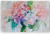 Kontoer design ® Artistieke hortensia tuinposter, 120x80 cm met bloemen in vrolijke pastel kleuren en veel details, zoals verfstreken, druppels, oliepastelkrijt ; Tuinposter bloemen, Tuinschilderij bloemen, Tuindoek, Schuttingposter, Buitenposter