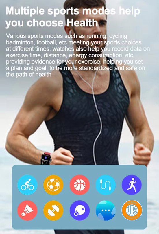 Man in sportkleding met een rode smartwatch, met iconen voor diverse sporten zoals fietsen, voetbal en hardlopen.