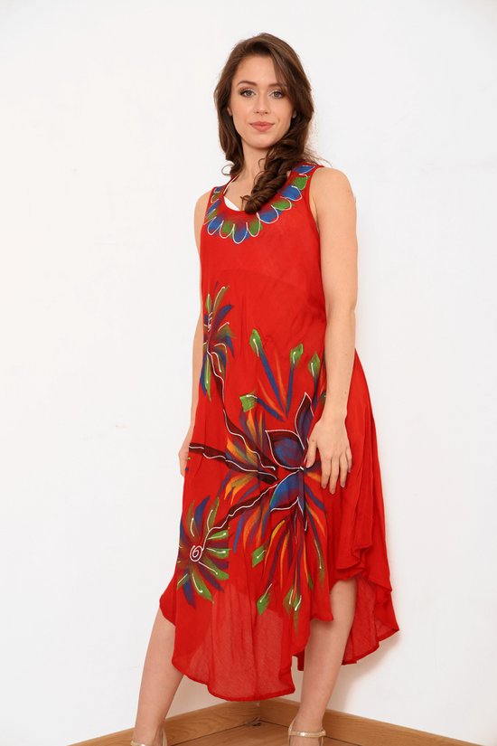 Lange dames jurk Zara gebloemd motief rood wit groen blauw geel oranje zwart mouwloos strandjurk XL/XXL - Merkloos