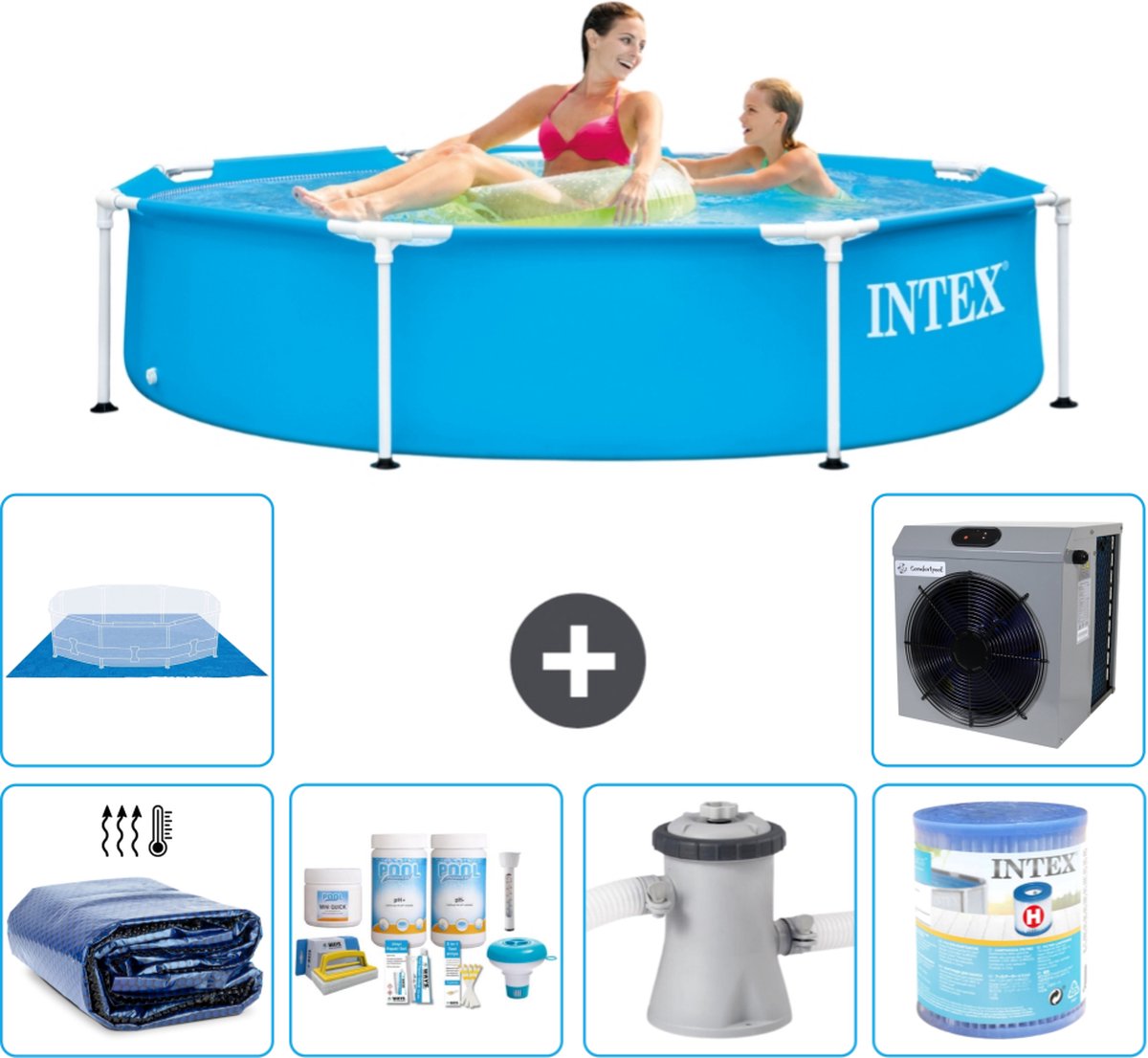 Intex Metal Frame Intex Rond Frame Zwembad 244 x 51 cm Blauw Inclusief Solarzeil Onderhoudspakket Zwembadfilterpomp Filter Grondzeil Warmtepomp