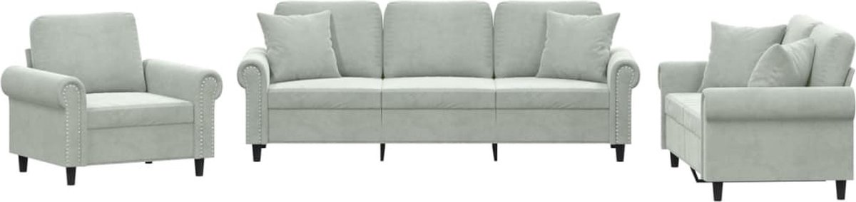vidaXL - 3-delige - Loungeset - met - kussens - fluweel - lichtgrijs