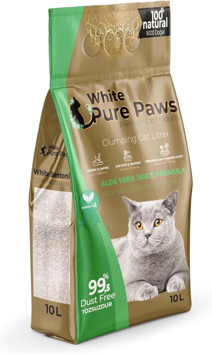 White Pure Paws Bentoniet kattenbakvulling - Aleo Vera kattenbakgrit - Kattenbakvulling klontvormend bentonite - 10L 8,4 KG