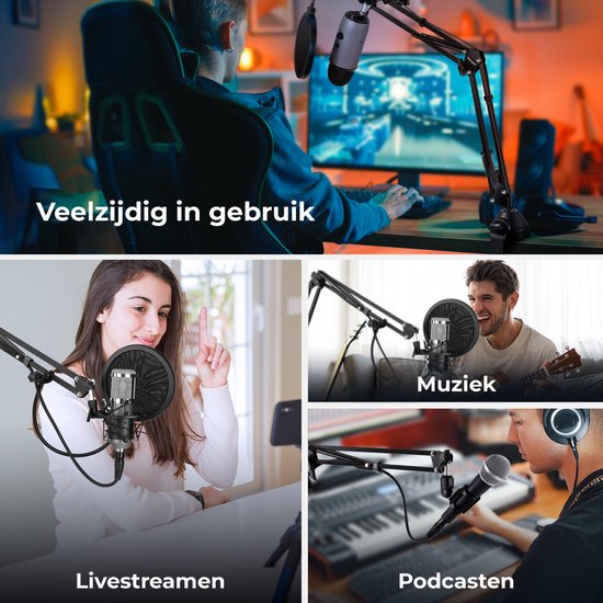Un bras de microphone réglable avec des angles ajustables, utilisé pour le streaming, la musique et le podcasting.