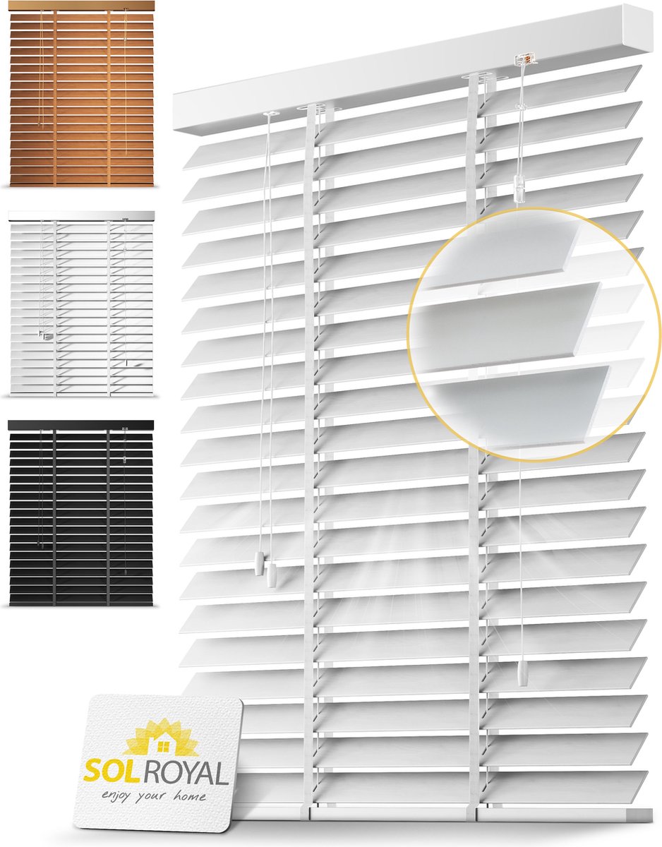 Sol Royal BE5 â€“ Houten Jaloezieen Wit 50 mm Lamellen Extra Breed â€“ 130x250 cm â€“ Eenvoudige Montage aan Muur & Plafond â€“ Echt Hout â€“ Rolgordijn Raam & Deur
