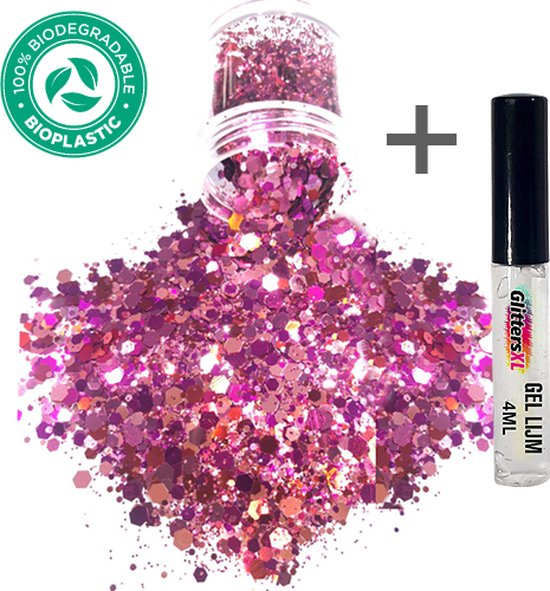 Foto: Glittersxl chunky glitters rose roze glitter huid lijm volume 8g festival jewels glitter outfit lichaam en gezicht make up diamond dots face body diamantjes strass steentjes kinderen volwassenen dames makeup tattoo mastix schmink 