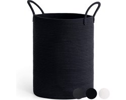 Wasmand, gevlochten, grote wasmand, opbergmand met handvat, kinderkamer, touw, katoenen mand, handdoekmand voor badkamer, woonkamer, mand voor dekens babyspeelgoed, 38 x 50 cm, zwart