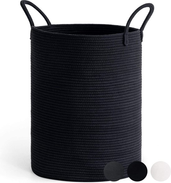 Panier à linge tissé, grand panier à linge, panier de rangement avec poignée, chambre d'enfant, corde, panier en coton, panier à serviettes pour salle de bain, salon, panier pour couvertures, jouets pour bébé, 38 x 50 cm, noir