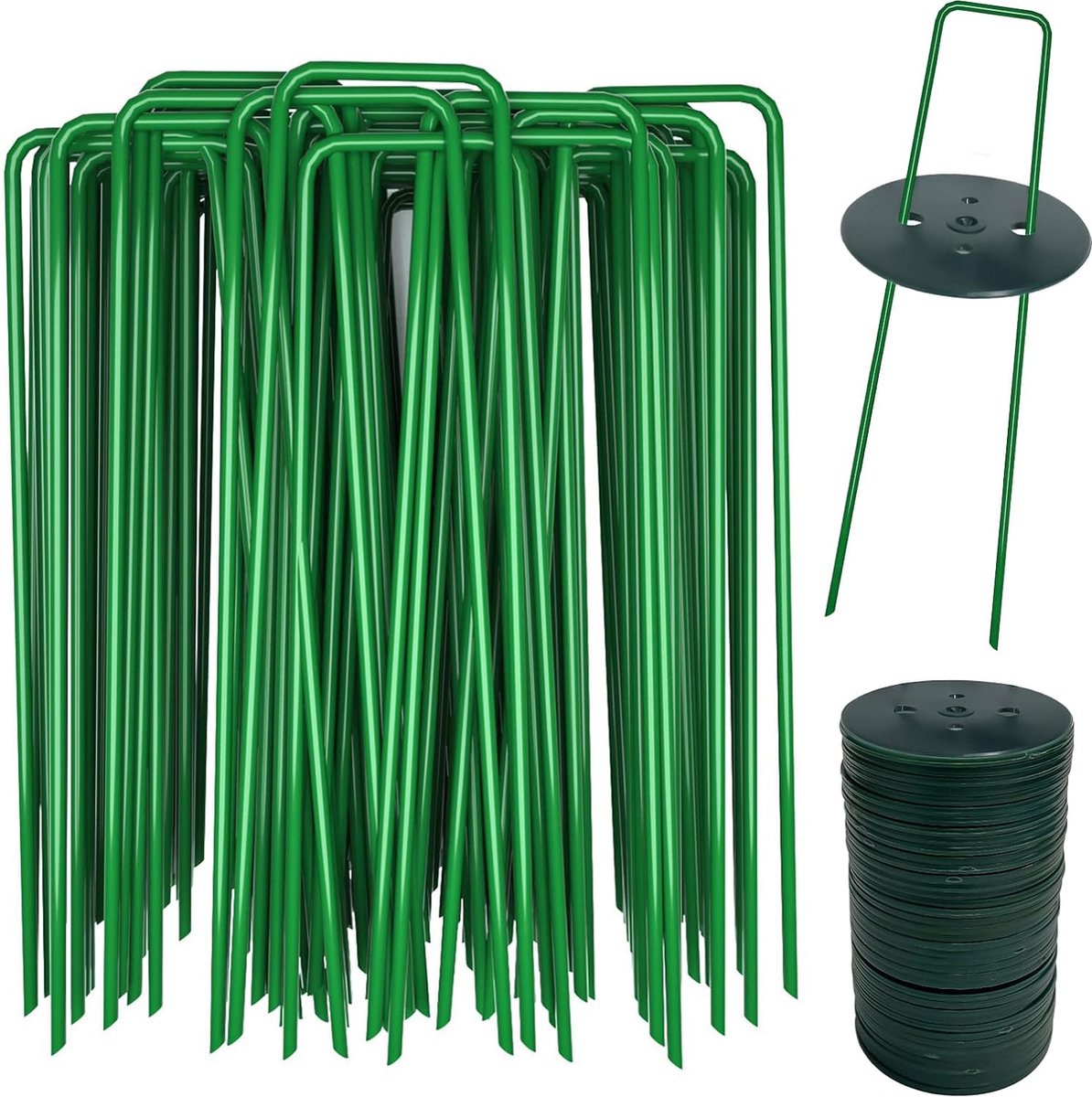 Goedkoopste Grondankers grondankers, 40 groene grondankers en 40 bufferschijven, anti-roest, haringen van staal, tuingrondankers voor kunstgras, haringen voor tent, onkruidvlies, tuinvlies, omheining, 150 x 25 mm, 2,8 mm