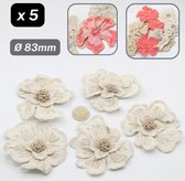 5 BROCHES FLEURS EN TISSU, sur Pin, Diamètre 83MM, Couleur ECRU