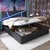 Sweiko Comfortabel gestoffeerd bed met LED lichtstrips, 180*200 cm, tweepersoonsbed met lattenbod, rugleuning, hydraulisch functioneel bed, synthetisch leer, Zwart