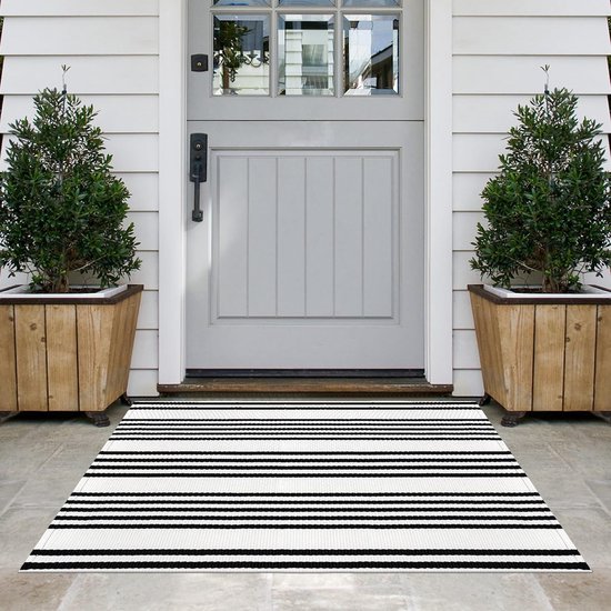 Zwart en wit gestreept tapijt 60 x 90 cm wasbaar veranda tapijt welkom deurmatten voor huisdeur/boerderij/entree/thuisentree