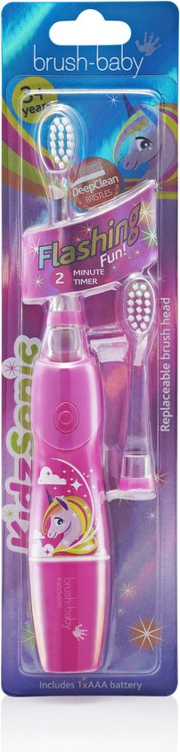 Brosse - Bébé | KidzSonic | Brosse à dents électrique (à partir de 3 ans) | Lumière disco | Minuterie et Pulse | Licorne | Rose | Incl. 2 têtes de brosse et batterie