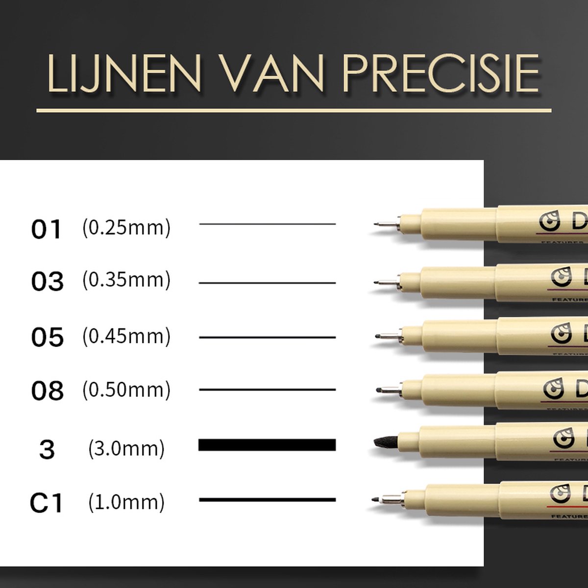 Ainy - Micro Fineliners Zes watervast - set van 6 zwart fineliner | fine liner kawaii manga / anime tekenen op schetsboek | bullet journal | handlettering | Pigment liner penselen | calligraphy pennen — afbeelding 2