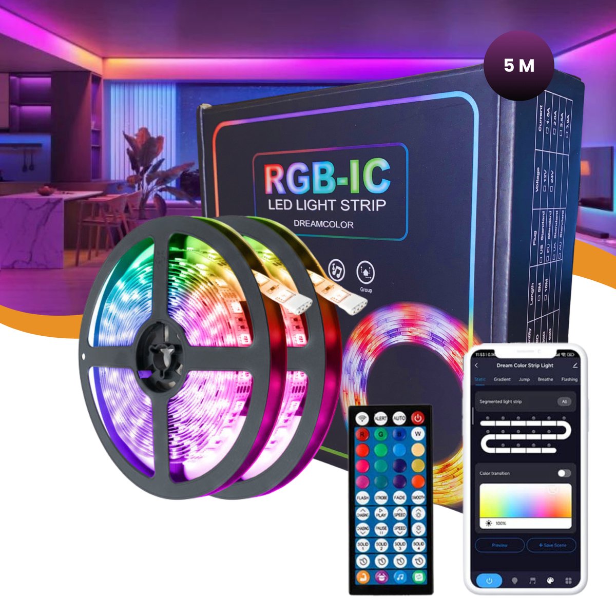 Lucion® RGBIC Led Strip 5 Meter Dreamcolor - Led Light Strip 5 Meter - Smart Wifi Led Light Strip - Google Home & Alexa, inclusief App- & Afstandsbediening