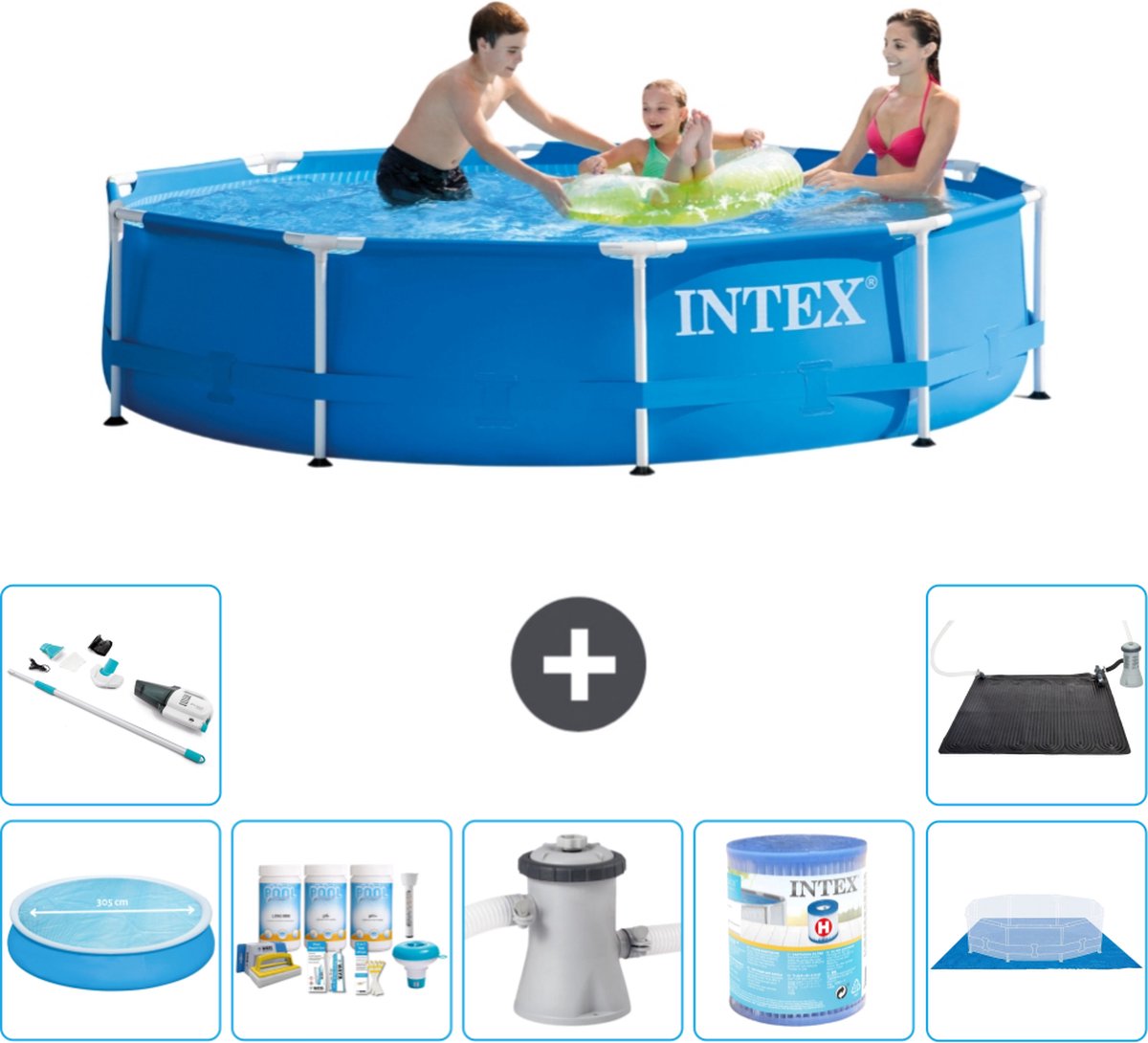 Intex Rond Frame Zwembad - 305 x 76 cm - Blauw - Inclusief Solarzeil - Onderhoudspakket - Zwembadfilterpomp - Filter - Grondzeil - Stofzuiger - Solar Mat - 8-delig