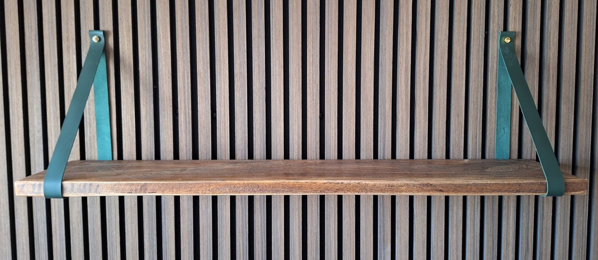 Hoexs - Mango Hout - 80 Cm - Leren Plankdragers Groen - Inclusief Luxe Bevestigingsmateriaal- Vintage Plank- Boekenrek