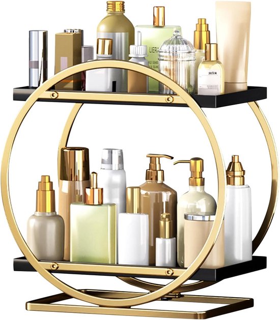 Organizer voor parfum, huidverzorging-organizer, grote inhoud, make-up vanity caddy, 2 niveaus cosmetica-display voor badkamer, organizer op het werkblad, goud