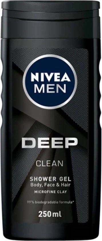 NIVEA MEN DEEP CLEAN douchegel in een zwarte fles met grijs label. 250 ml.