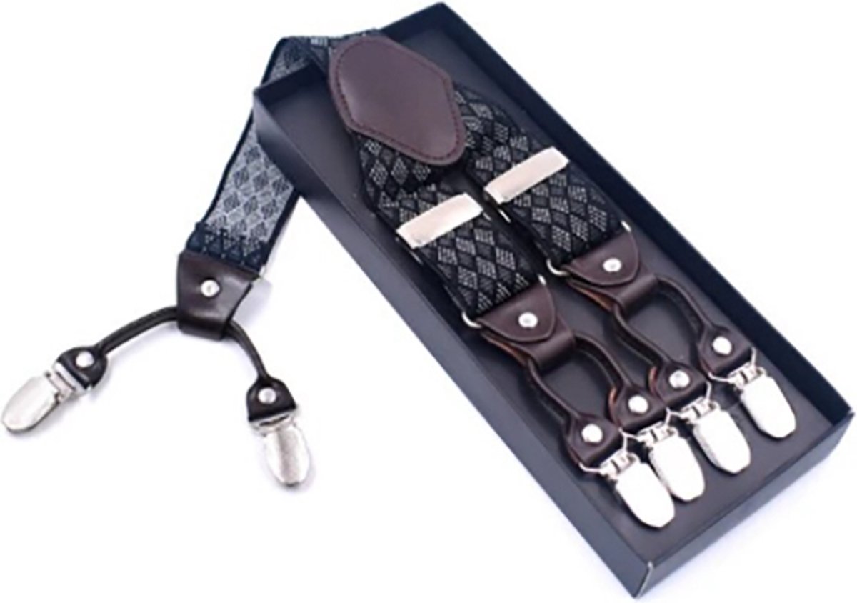 Bretels Heren - 6 Stevige Clips - Zwart/Wit/Grijs Ruit Patroon - Donkerbruin Leer - 3,5 cm
