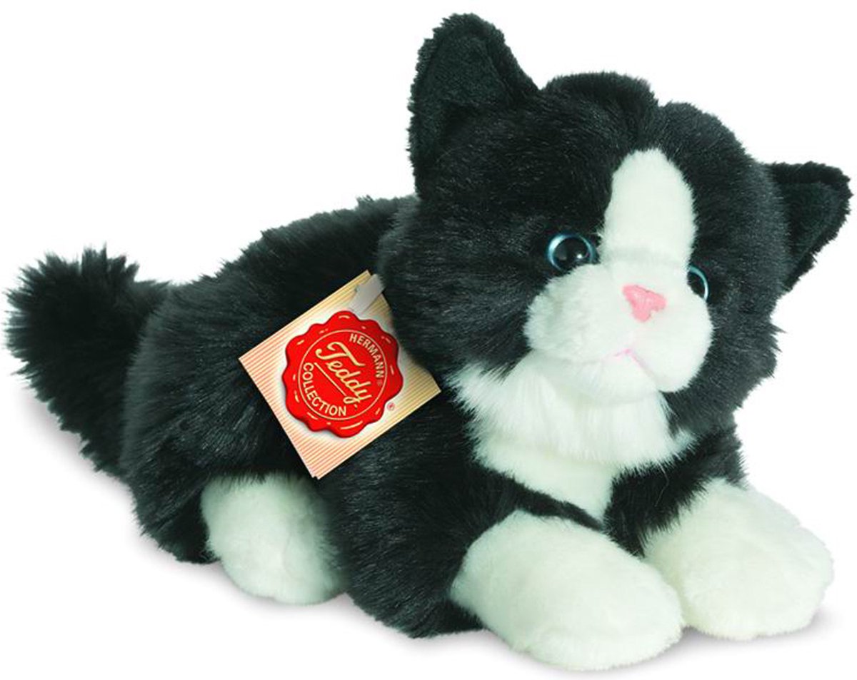 Hermann Teddy Knuffeldier kat/poes - zachte pluche stof - premium kwaliteit knuffels - zwart/wit - 20 cm