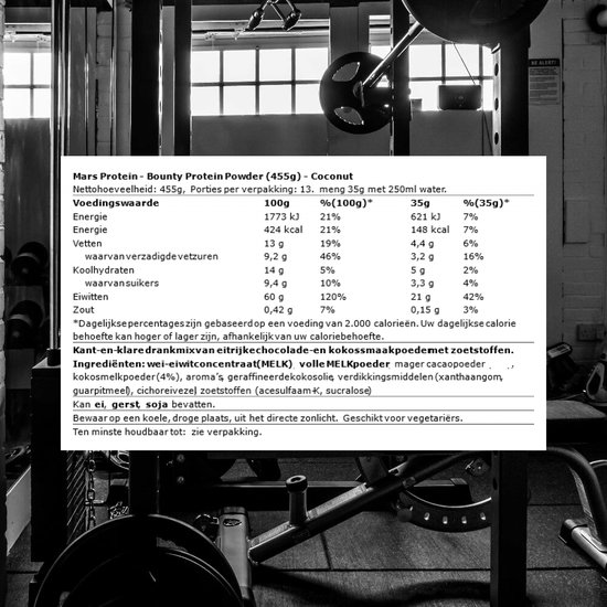 Voedingswaarde-informatie en ingrediënten voor Mars Protein Poeder, Bounty smaak (455g).