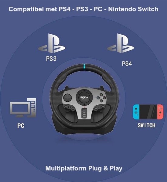 PXN - V9 - Race Stuur - Met Pedalen en Shifter - 270/900°- Game Stuur - Geschikt voor - PS4 - Xbox One - PC - Xbox Series X|S - PS3 - Met App