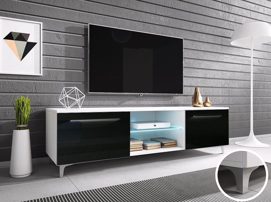 Meuble TV RTV 13W, sur pieds, largeur 150 cm, éclairage LED, avec étagères, blanc/noir brillant, Maxi Maja
