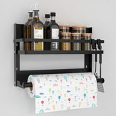 Étagère de cuisine murale, étagère à épices sans perçage, étagère à épices suspendue avec porte-rouleau de cuisine et 4 crochets, noir