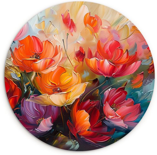 WallCircle® Wandcirkel 90x90 cm - Muurcirkel Bloemen - Kleurrijk - Verf - Abstract - Kunst - Muurdecoratie woonkamer - Wanddecoratie slaapkamer - Kamer decoratie accessoires - Ronde schilderijen