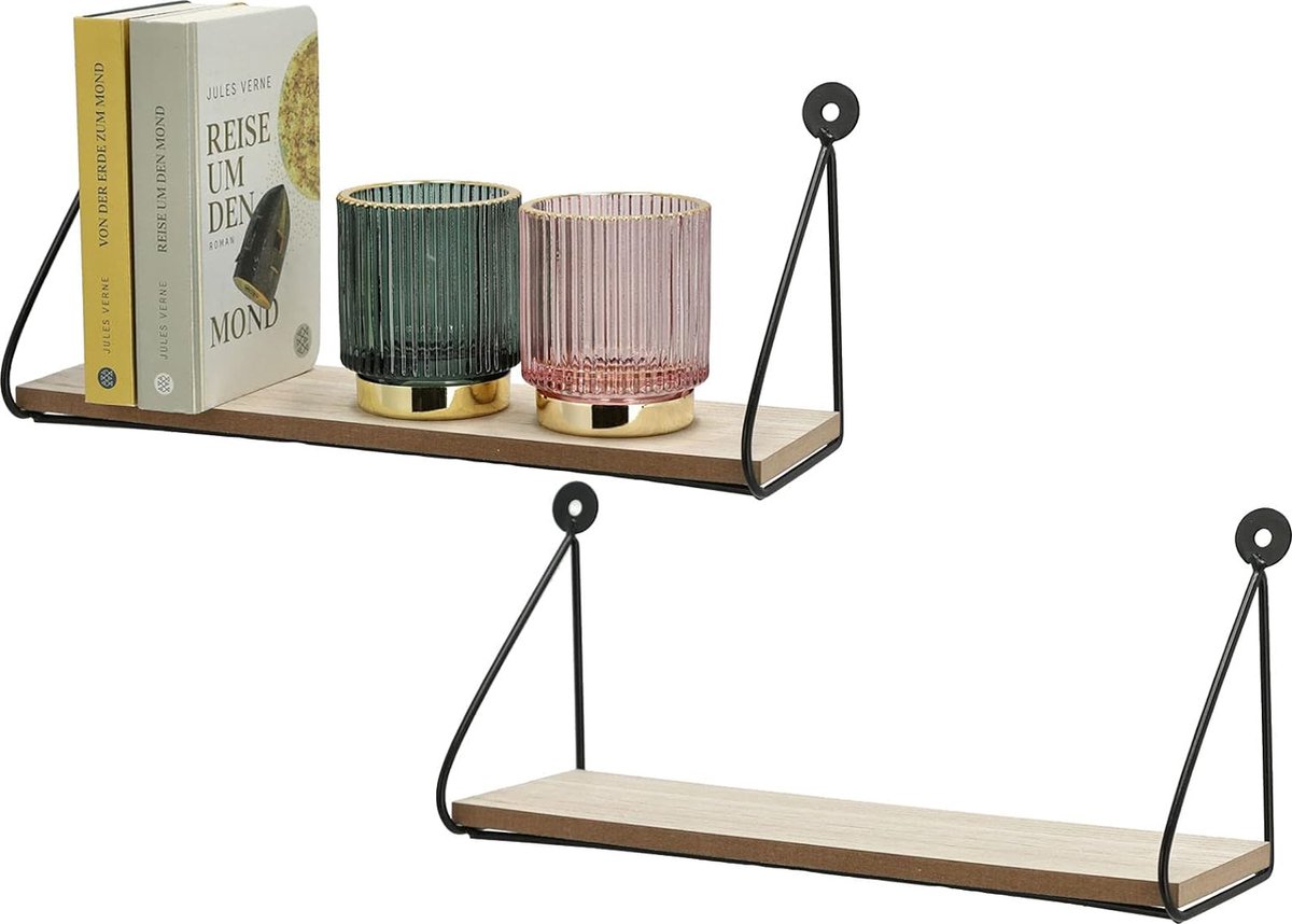 Wandrek hangrek - set van 2 - metaal met houten plank decoratie