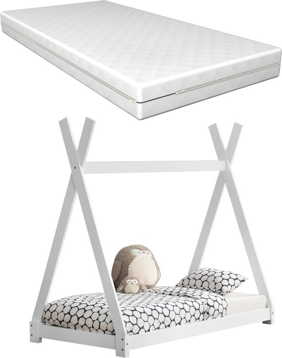 In And OutdoorMatch Kinderbed Megane - Tipi - Met bedbodem en matras - 80x160cm - Wit - Jongensbed - Meisjesbed - Modern Design