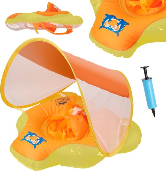 Playos® - Zwemband met Zonnescherm - met Zitje - Geel - Peuter en Baby - Zwemring - Babyzwemband - Babyfloat - Zwemtrainer - Opblaasbaar - Zwemstoel - Opblaasbare Rubberboot - Rubber Bootje