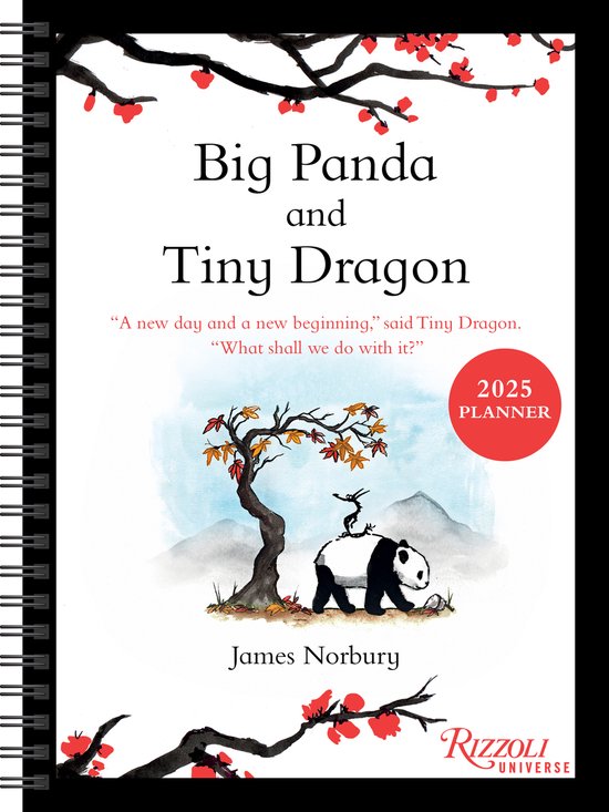 Planificateur 2025 'Big Panda and Tiny Dragon' par James Norbury. Un panda et un dragon sont assis sous un arbre.