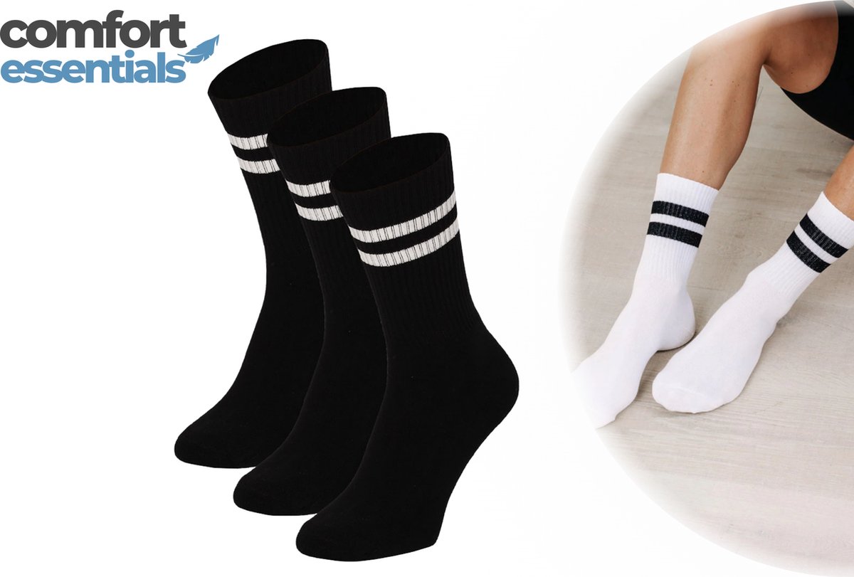 Comfort Essentials - Sportsokken Dames - 3 paar - Zwart - Sport sokken Dames - Sokken met Strepen - Tennissokken Dames - Hardloopsokken Dames