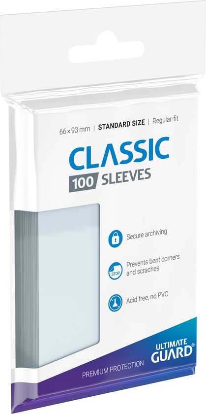 Verpakking met 100 Classic sleeves, 66x93 mm, standaardmaat. Met iconen voor veilige archivering, voorkomt hoeken en krassen, zuurvrij, geen PVC.