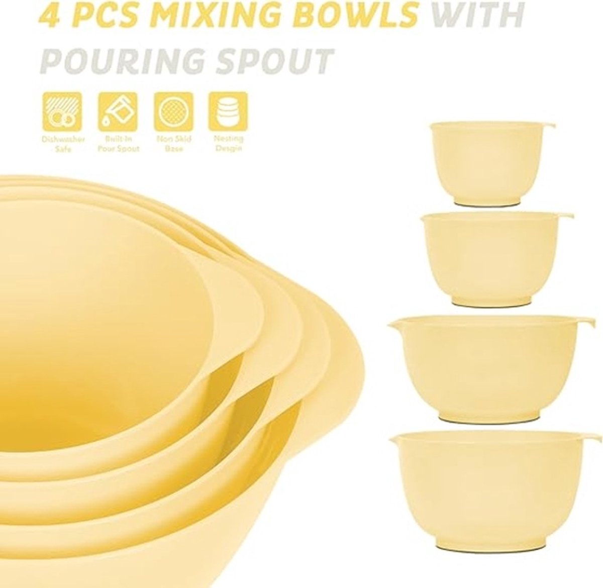 Mengkom set mixing bowl set kunststof slakom antislip stapelbaar serveerschalen voor keuken 4-delige mengkomset (geel)