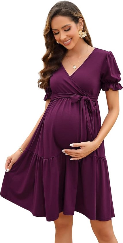 Robe de maternité pour femmes, col en V, robe d'allaitement élégante, robes de maternité avec manches bouffantes et volants