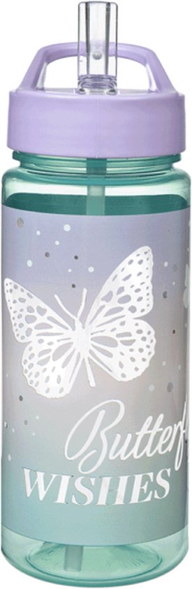 Transparante drinkfles met lichtpaarse deksel en rietje. Met tekst 'Butterfly Wishes' en decoratie van vlinder en stippen.