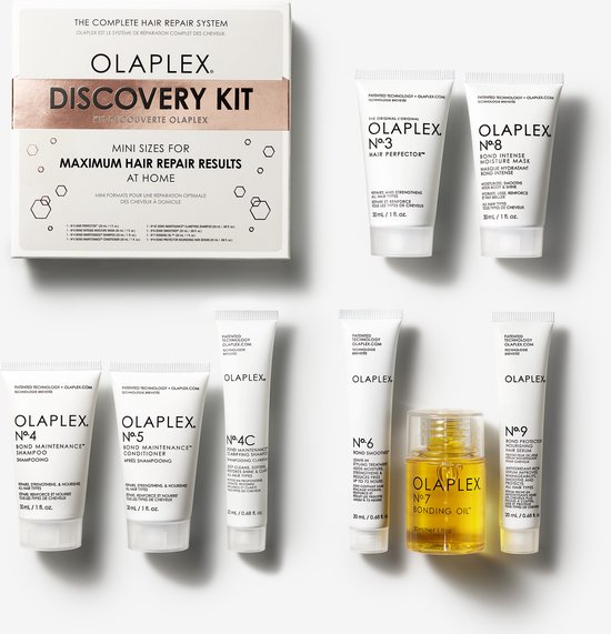 Olaplex Discovery Kit met 7 mini-producten en No.7 Bonding Oil, gepresenteerd op een witte achtergrond.