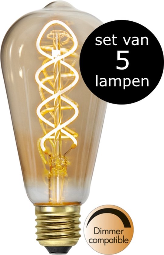 Ampoule forme goutte avec verre ambré et filament LED spirale visible.