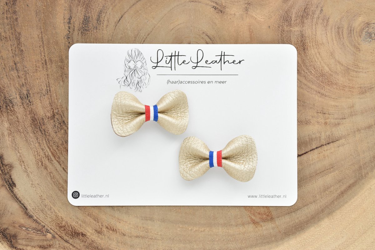 LittleLeather, Koningsdag haarspeldjes set 2 - rood wit blauw - Koningsdagstrik - Lange leve de Koning - Leer - Oranje - Haarstrik - Haarclip - Peuter - Kleuter - Meisje - Haarstrik - Goud - Prinses