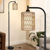 D&B Lamp - Vloerlamp - Staande Lamp - Lampenkap Rotan - Hoogte Verstelbaar - E27 - Voetschakelaar - Kleur Zwart
