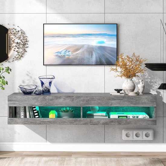 Sweiko LED TV kast out TV lowboard in hoogglans met LED verlichting, hoge kwaliteit TV bord met veel opbergruimte voor uw woonkamer, 140x40x30.5cm, marmergrijs