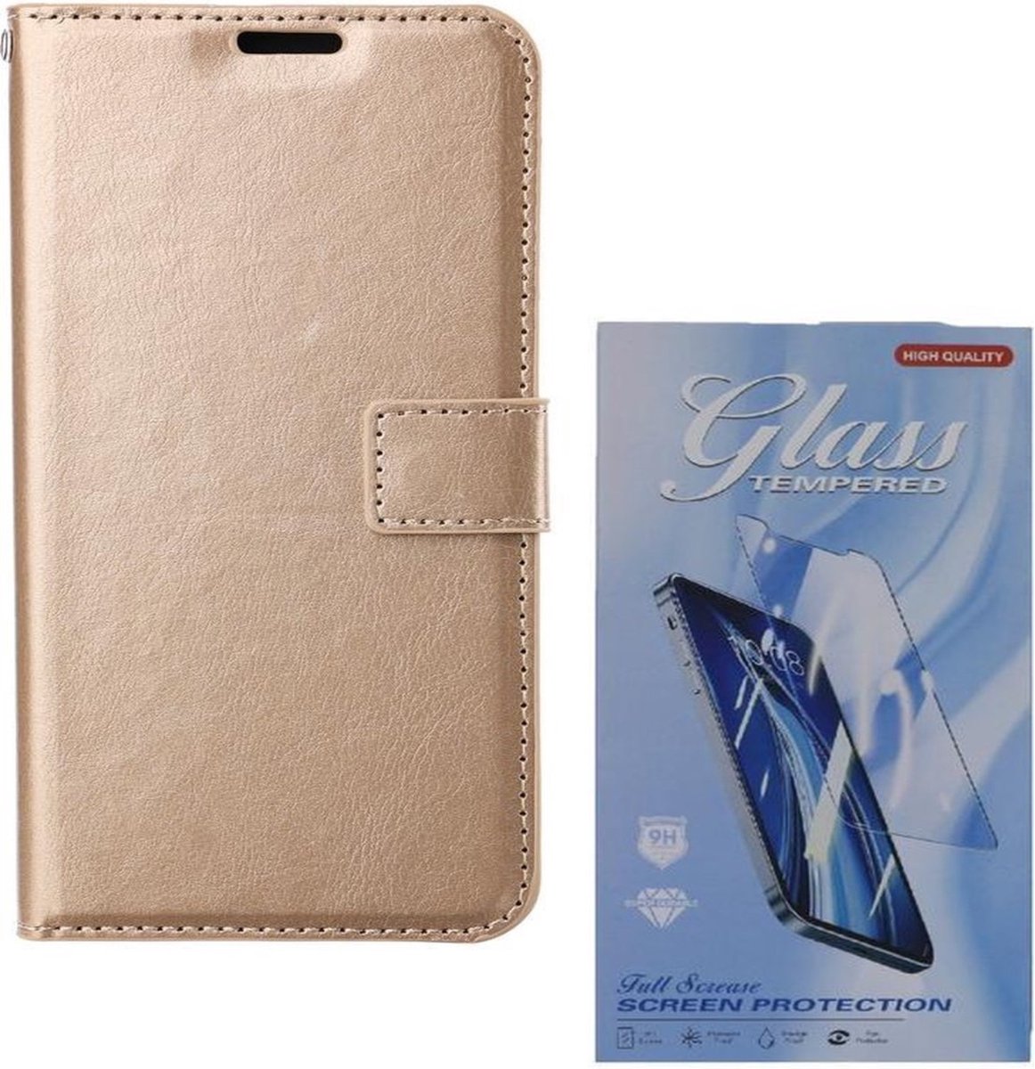 Bookcase Geschikt voor: Motorola Moto G9 Play & E7 Plus - Goud - portemonnee hoesje met 2 stuks Glas Screen protector
